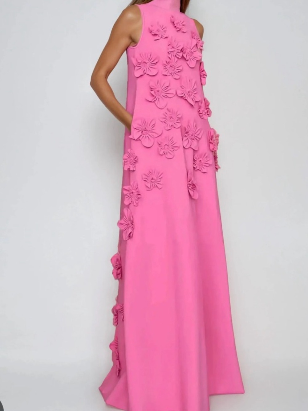 High-Neck Pink Floral Appliqué Maxi Dress
